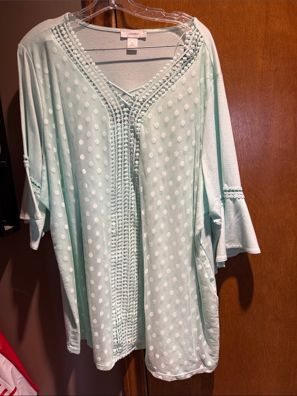 CJ Banks Mint Polka-Dot Crochet V-Neck Tunic